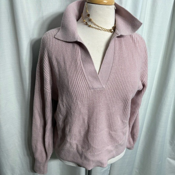 Reitmans Pink Cashmere Blend Ribbed V-Neck Collared Johnny Polo Sweater Size S - Picture 2 of 6